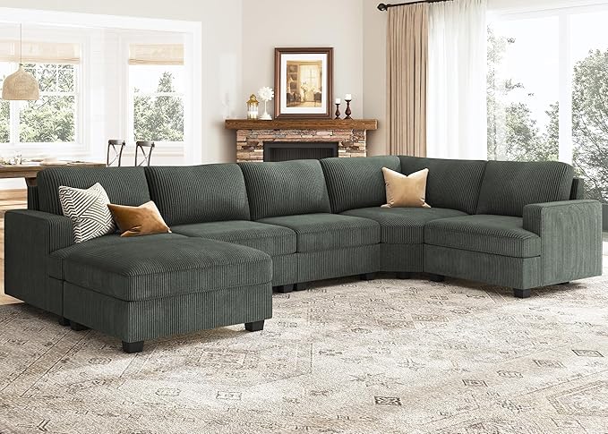 Nolany Sectional Sofa with Storage Ottoman in Green Corduroy