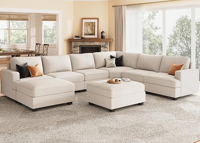 Nolany Sectional Couch with Storage Ottoman in Beige Corduroy