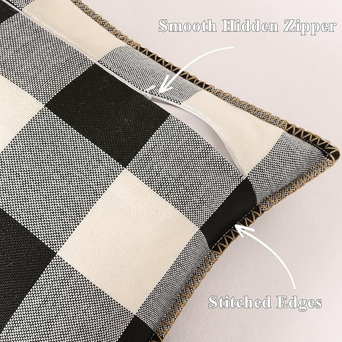 Buffalo Plaid Check Throw Pillow Covers - 12x20, Set of 2, Black