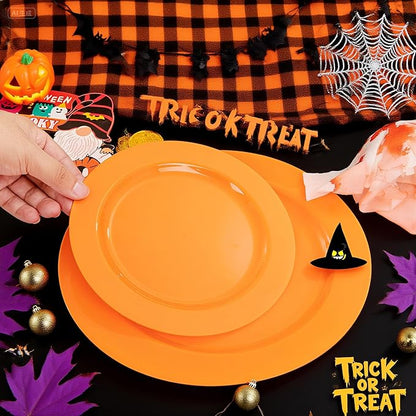 Set of 60 Heavy Duty Orange Plastic Plates Disposable for Halloween &amp; Thanksgiving Parties - Serves 30 Guests