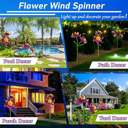 63 Inch Metal Wind Spinner with Lights - Twin Flower Design