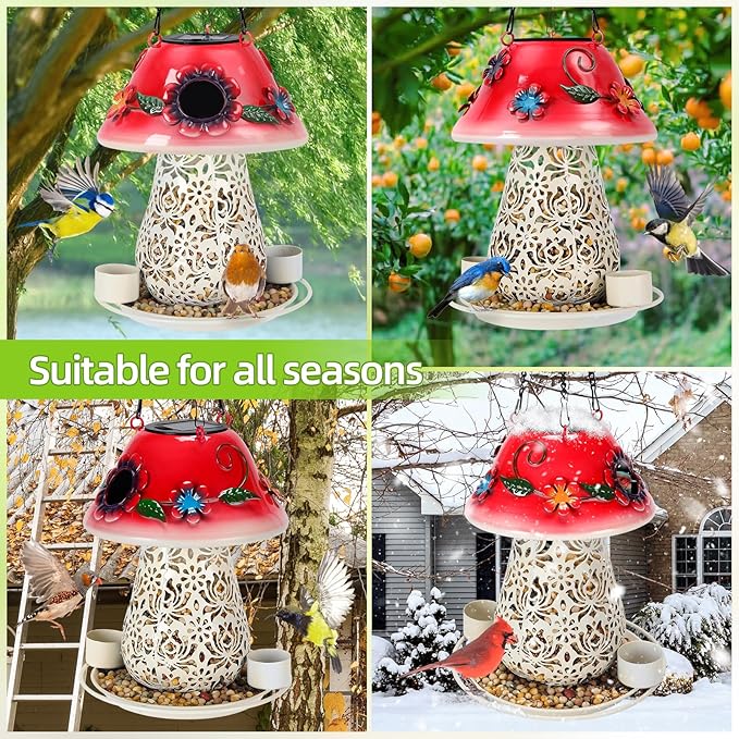 Mushroom Solar Bird Feeder - Red