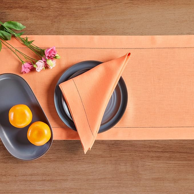 100% Pure Linen Hemstitch Table Runner 14 x 72 Inch - Canteloupe