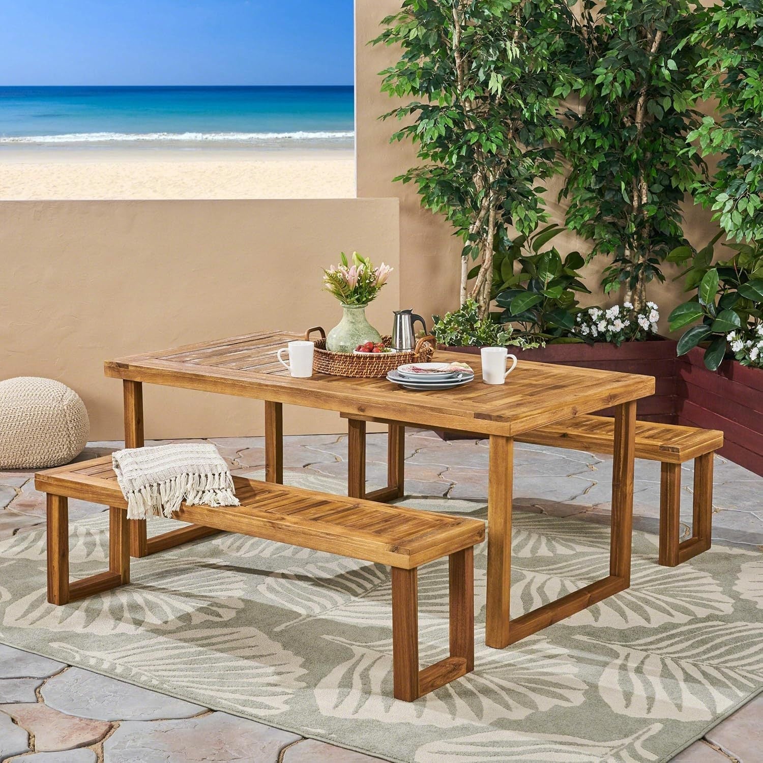 3 Piece Outdoor Acacia Wood Dining Set - Sandblast Natural Finish