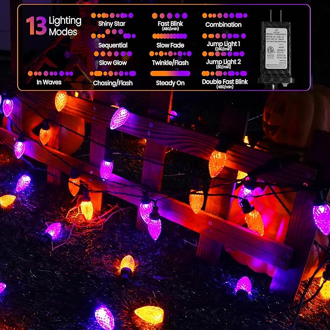 LED Purple and Orange Indoor/Outdoor Halloween Lights - 200 String Lights with 13 Modes &amp; Timer, Waterproof