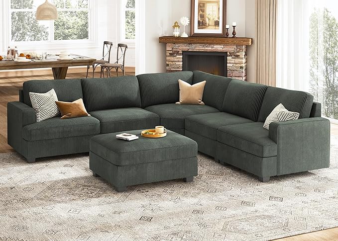 Nolany Sectional Sofa with Storage Ottoman in Green Corduroy