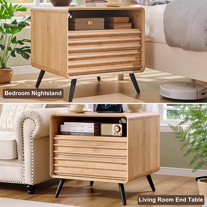 Set of 2 Mid Century Modern Fluted Nightstands in Natural Oak
