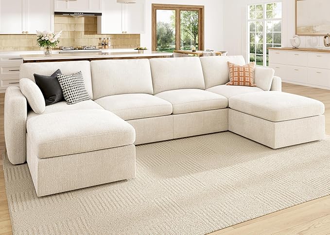 Modular Sectional Sofa with Storage Ottoman - Beige Chenille
