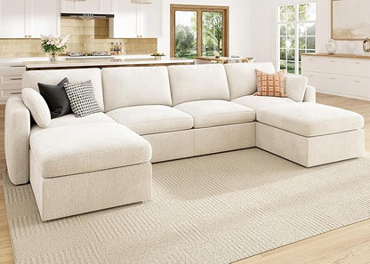 Modular Sectional Sofa with Storage Ottoman - Beige Chenille