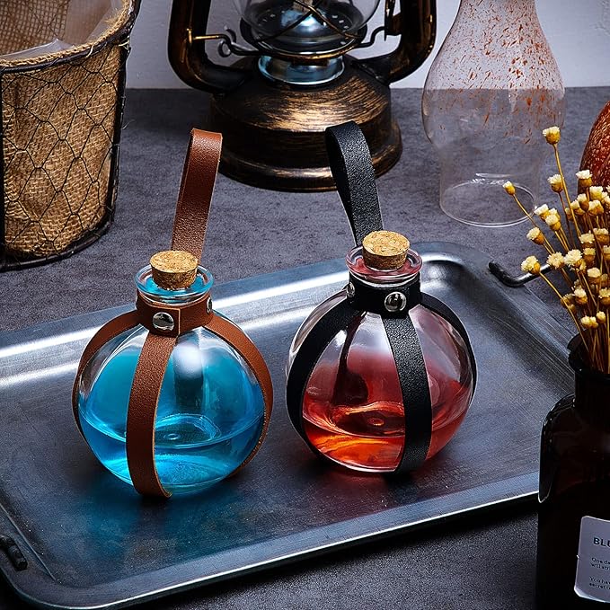 Set of 6 Medieval-Style Glass Potion Bottles with Faux Leather Strap - 8.5 oz
