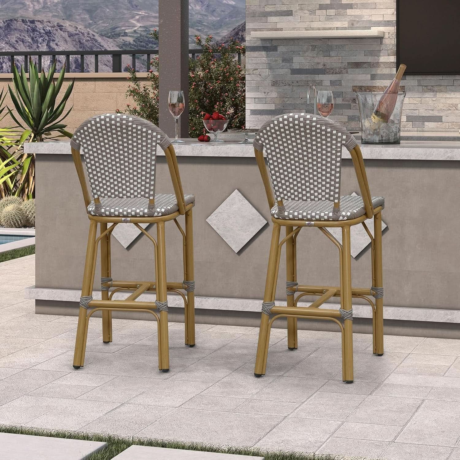 French Style Indoor/Outdoor Rattan Bar Stools - 2 Piece Set, Gray