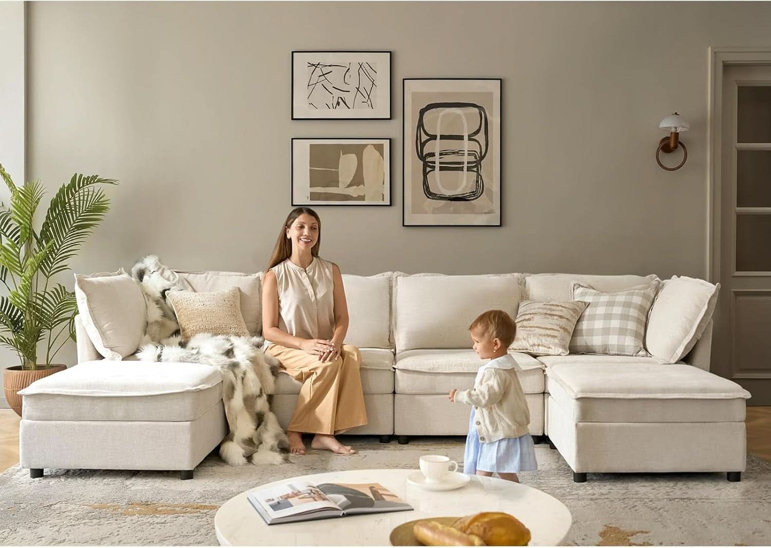 Oversized Modular Cloud Sectional Sofa w/ Storage Ottoman - Beige