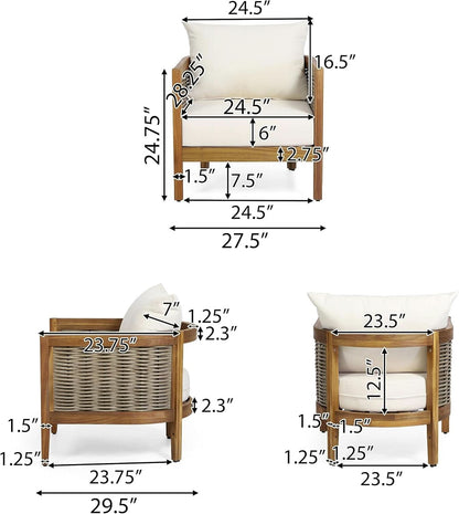 Burchett Outdoor 4 Piece Chat Set - Acacia Wood And Wicker Teak, Brown/Beige