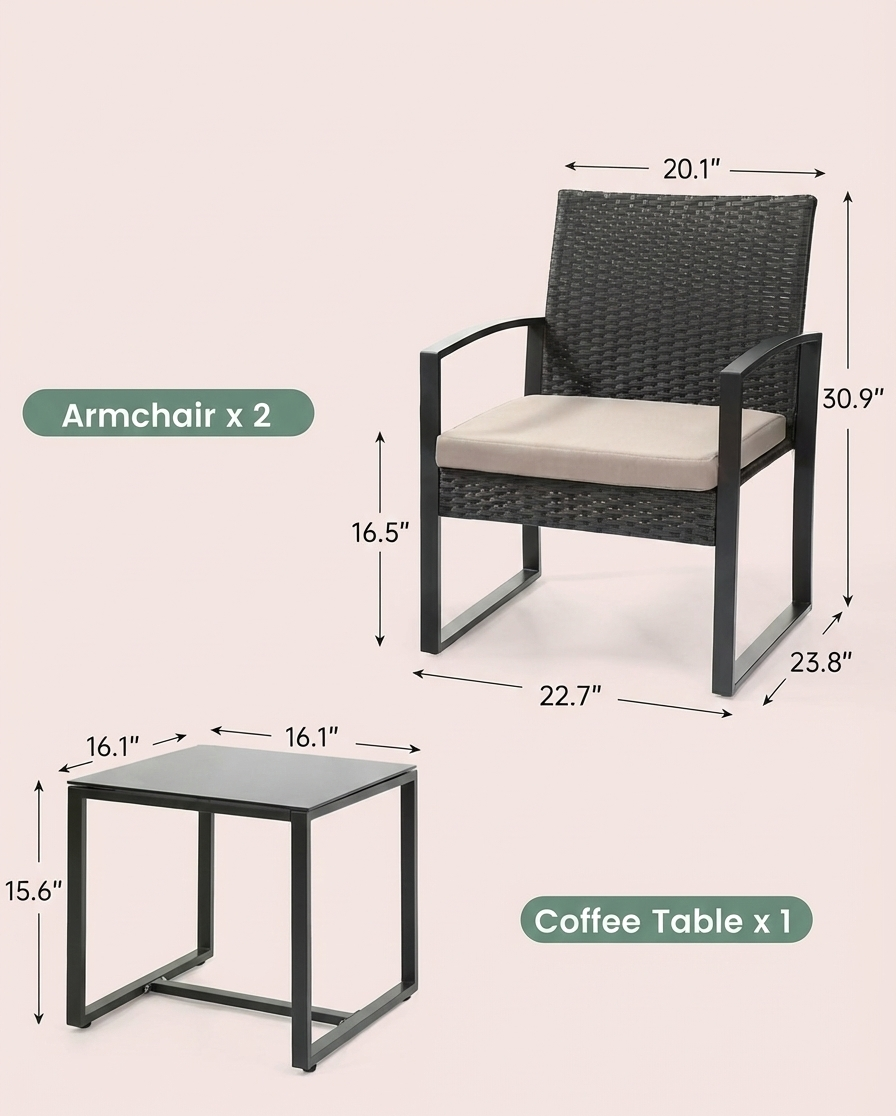 3-Piece Outdoor Patio Furniture Set – Wicker Chairs with Beige or Black Cushions