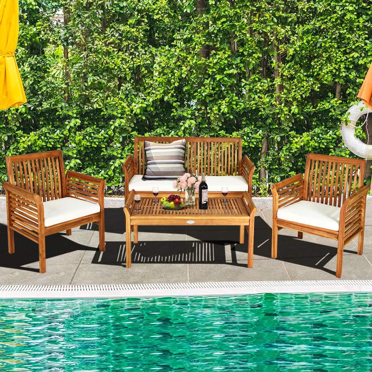 Outdoor Acacia Wood 4 Piece Chat Set With Off-White Cushions and Coffee Table