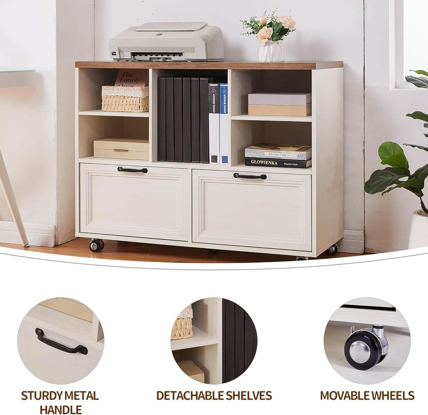 2 Piece Office Workstation with Desk + Rolling File Cabinet in 2 Toned White/Brown