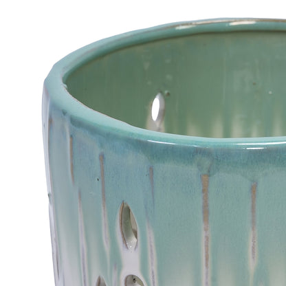 Set of 2 Ceramic Flowerpots - White/Aqua