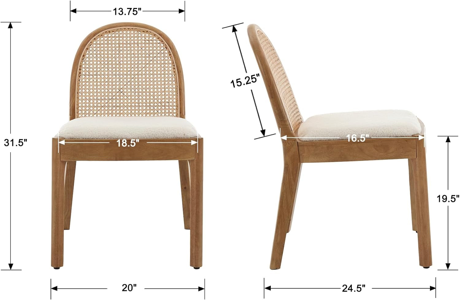 Mid Century Rattan Dining Chairs With Sherpa Upholstered Seat - 2 Pack
