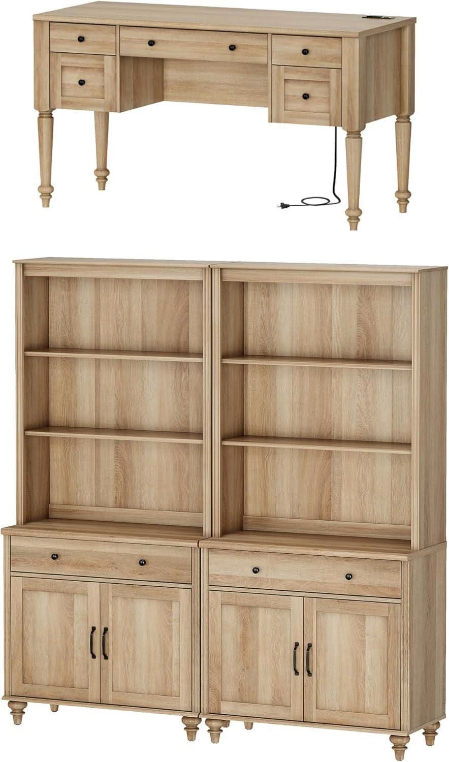 Contemporary Home Workstation Desk + 2 Storage Cabinets/Bookshelves in Distressed Oak Finish