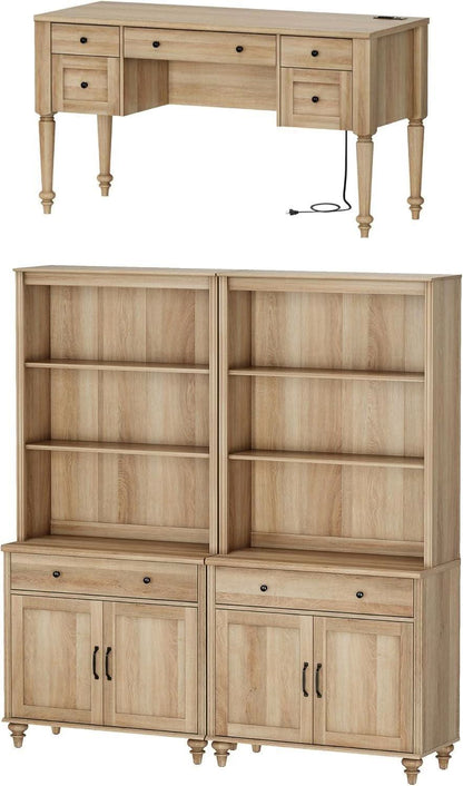 Contemporary Home Workstation Desk + 2 Storage Cabinets/Bookshelves in Distressed Oak Finish