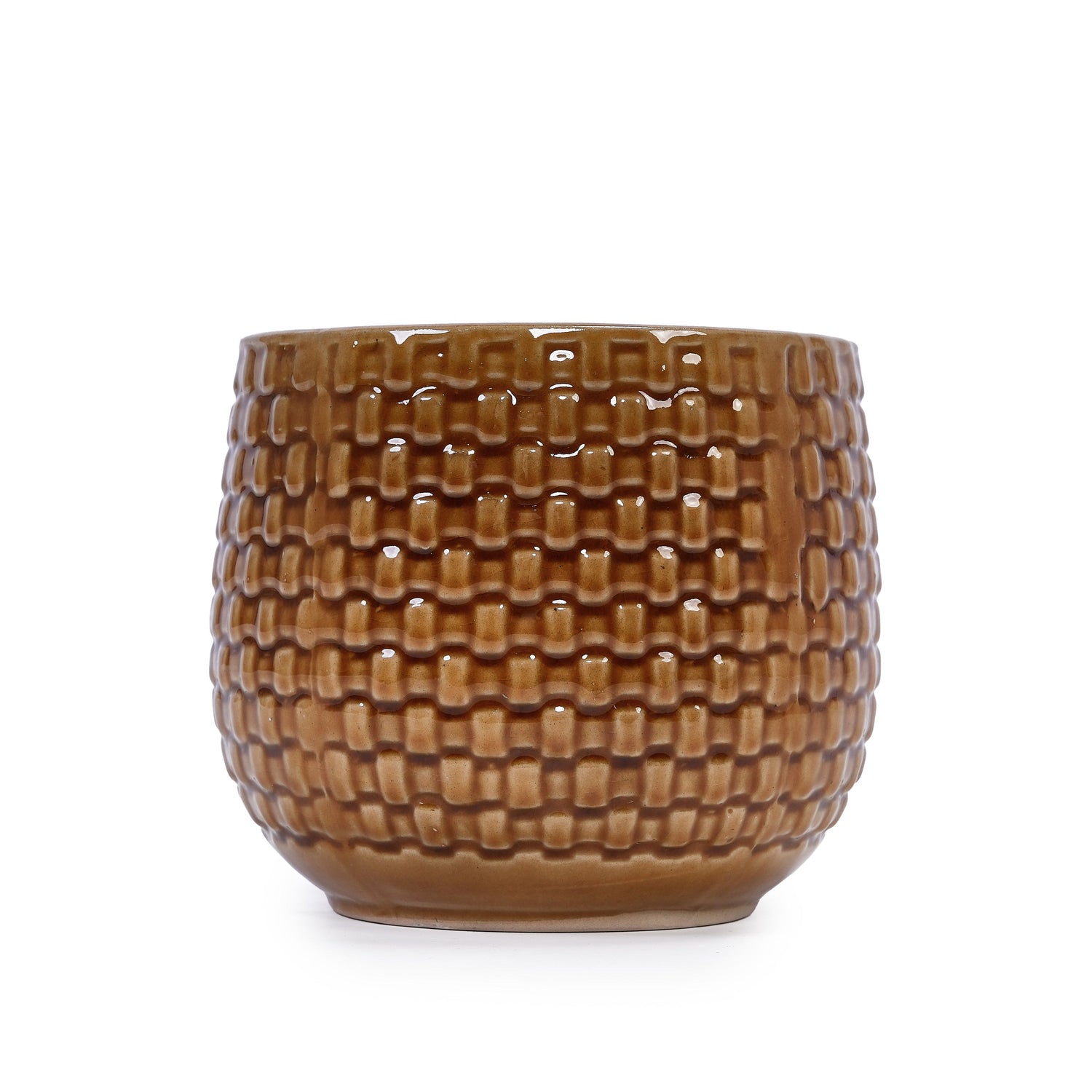Set of 3 Weave Pattern Ceramic Pots - Brown