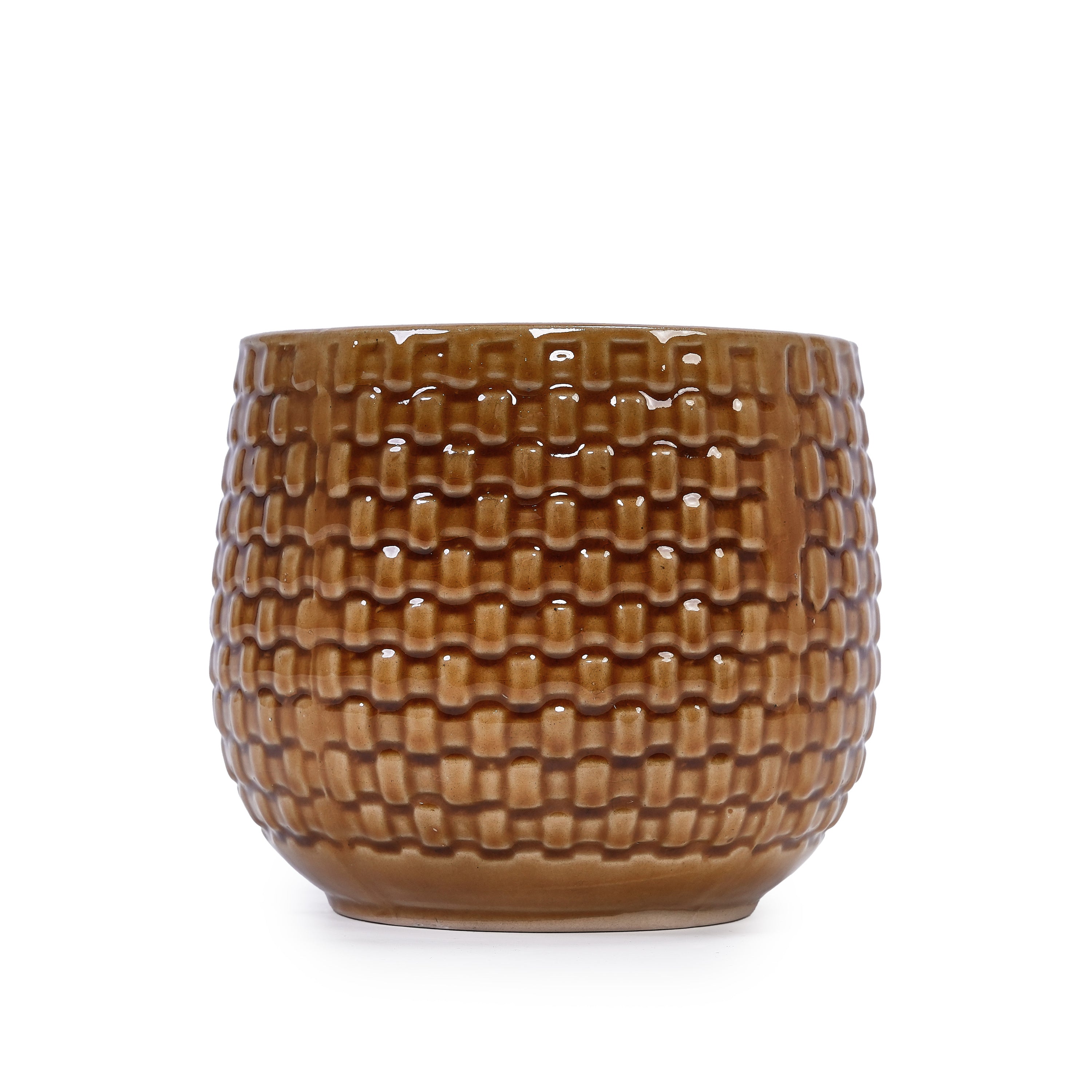 Set of 3 Weave Pattern Ceramic Pots - Brown