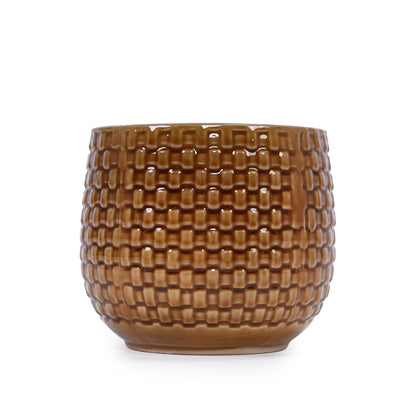 Set of 3 Weave Pattern Ceramic Pots - Brown
