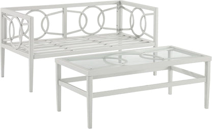 2 Piece Outdoor Gray Metal Loveseat and Coffee Table Set with Creme Cushions