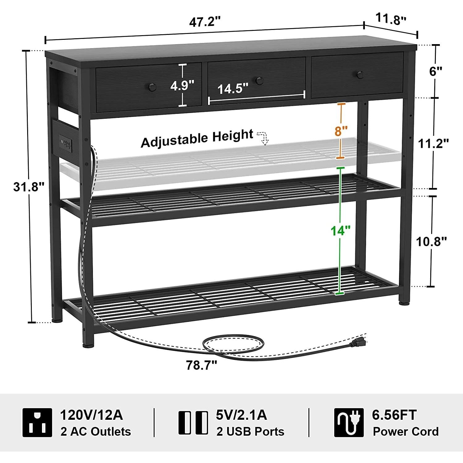 Black Console Table With USB Ports And Outlets