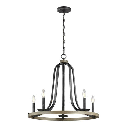 Rustic 5 Light Dimmable Circle Chandelier - Black/Oak Finish