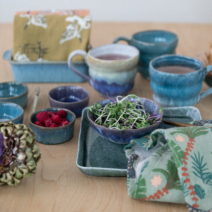 Reactive Glaze Wavy Blue &amp; Teal Coffee Mugs