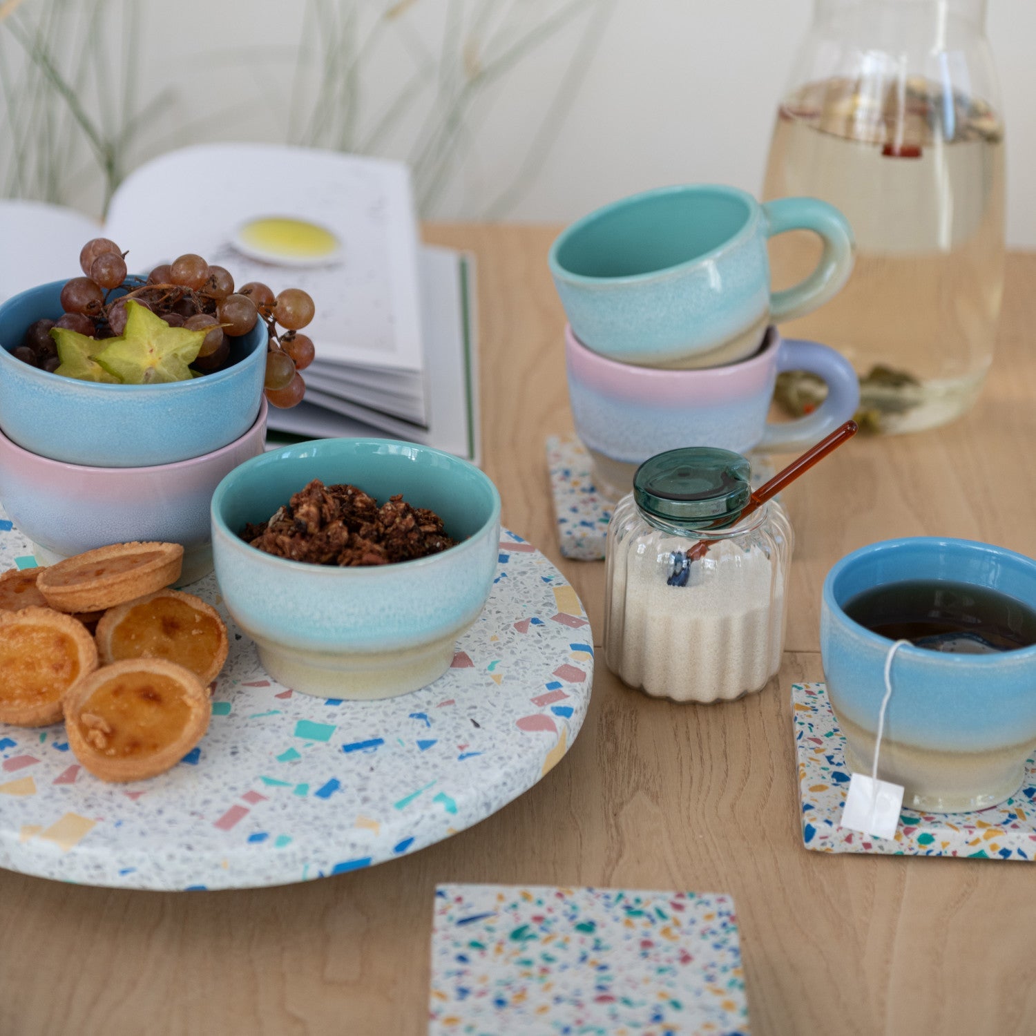 Reactive Glaze Wavy Blue &amp; Teal Coffee Mugs