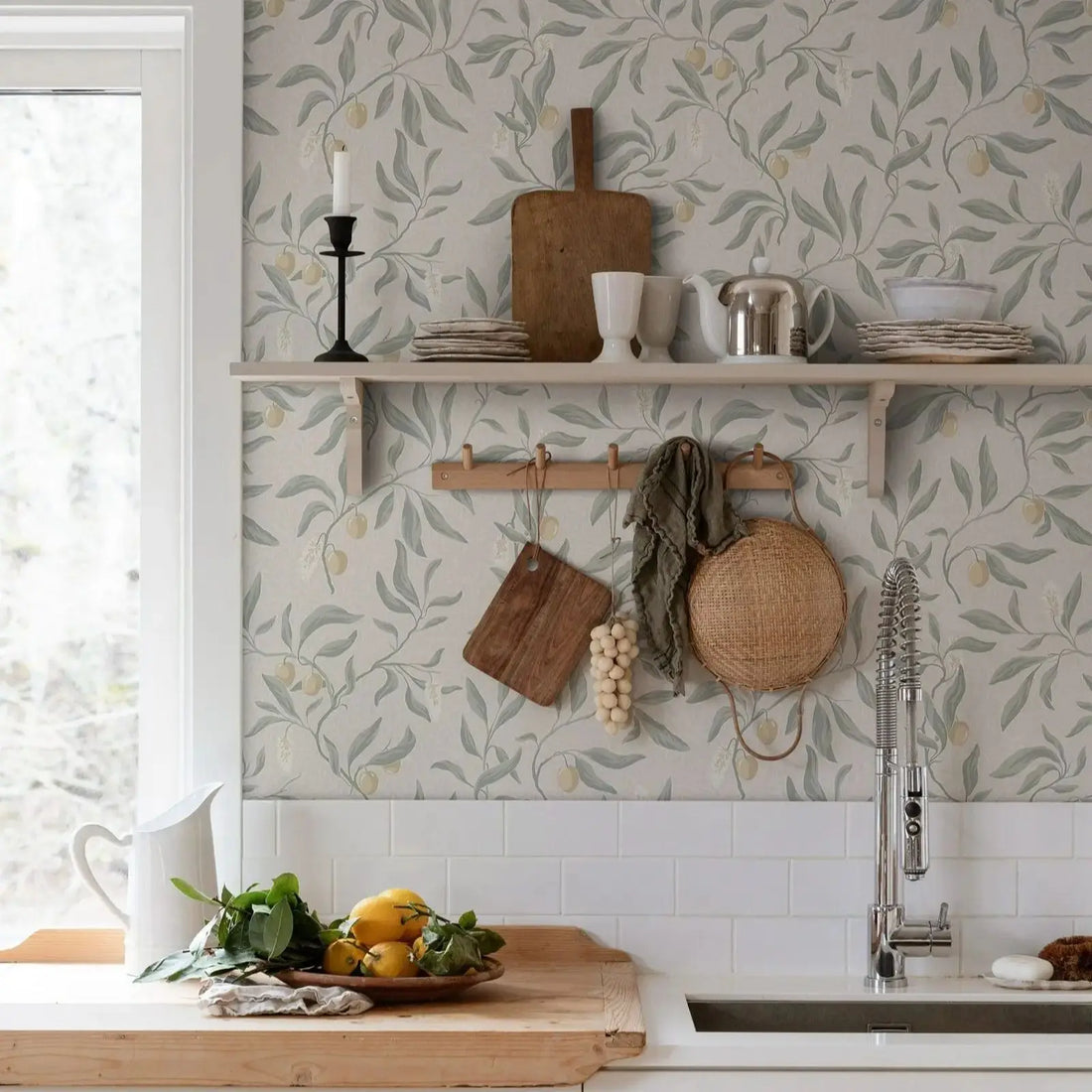 Branches and Lychee Handpainted Peel &amp; Stick Wallpaper in Sage Green