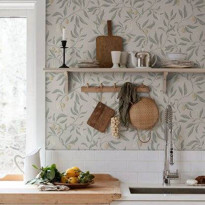 Branches and Lychee Handpainted Peel &amp; Stick Wallpaper in Sage Green