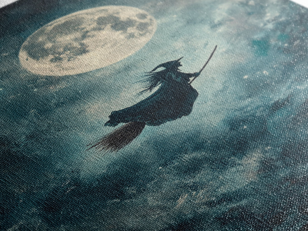 Witch Riding Under a Full Moon - Framed Canvas Print