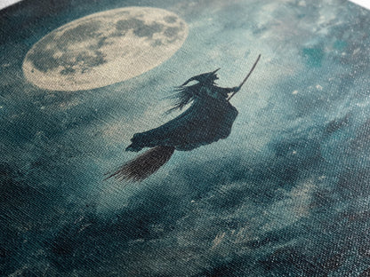 Witch Riding Under a Full Moon - Framed Canvas Print