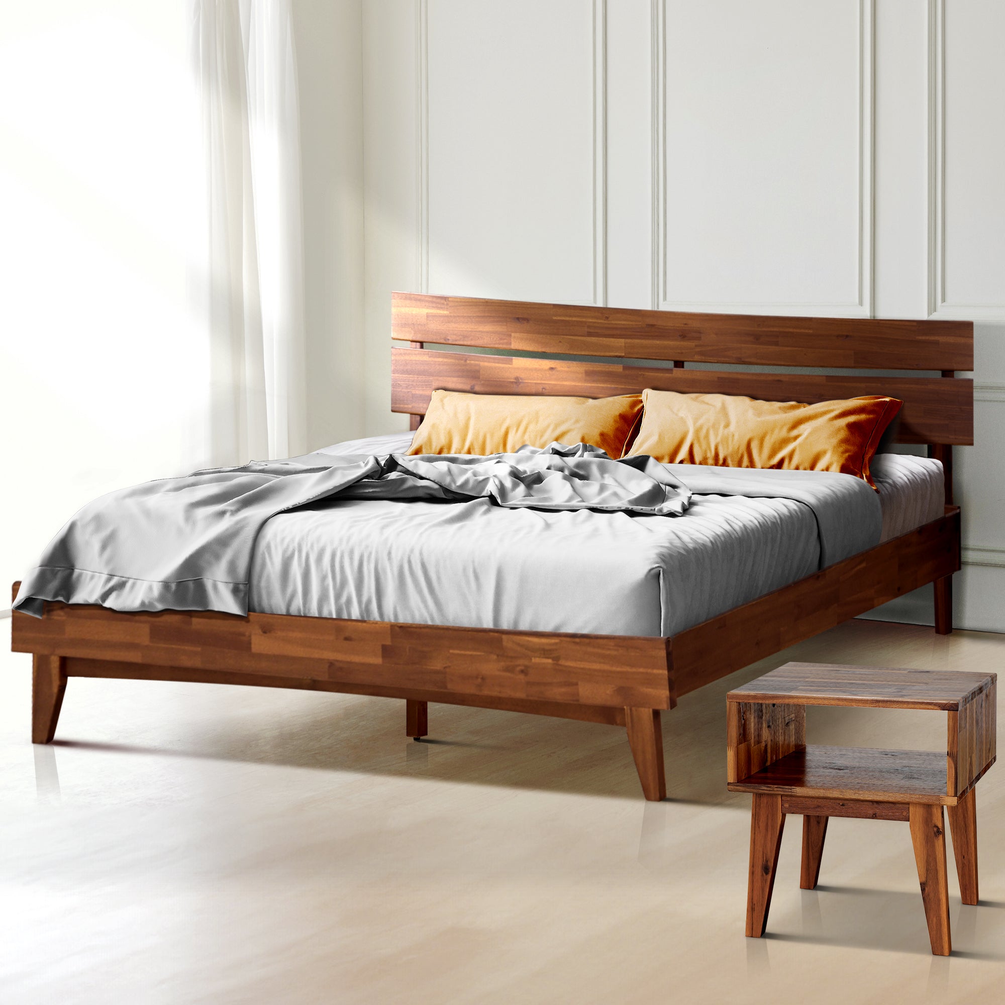 Aurora Acacia Bed Frame &amp; Nightstand Set - 2 Finishes