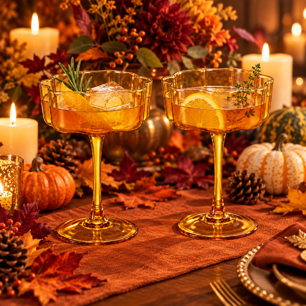 Flower Wave Coupe Cocktail Colored Glasses | Set of 2 | Amber
