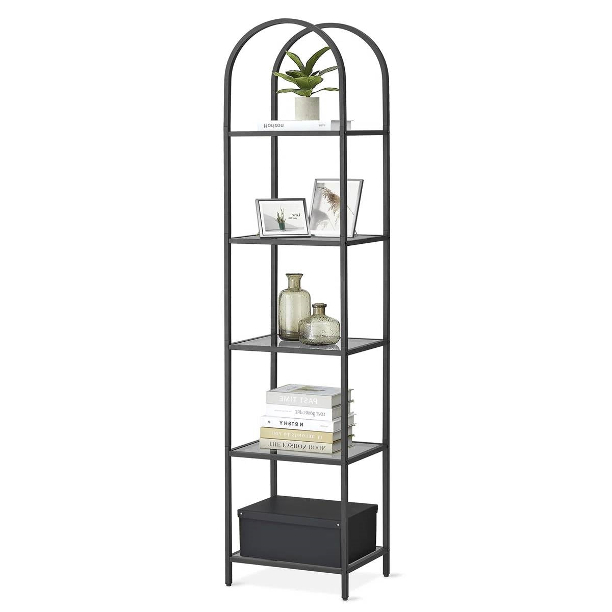 Arched Top Black Metal Narrow Bookcase/Display Rack with 5 Glass Storage Shelves