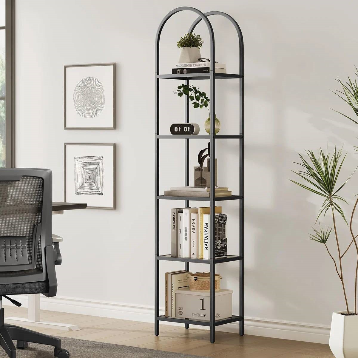 Arched Top Black Metal Narrow Bookcase/Display Rack with 5 Glass Storage Shelves