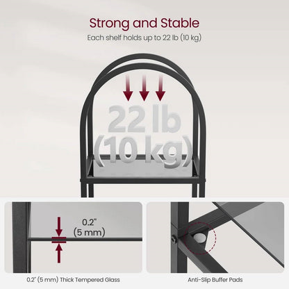 Arched Top Black Metal Narrow Bookcase/Display Rack with 5 Glass Storage Shelves