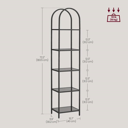 Arched Top Black Metal Narrow Bookcase/Display Rack with 5 Glass Storage Shelves