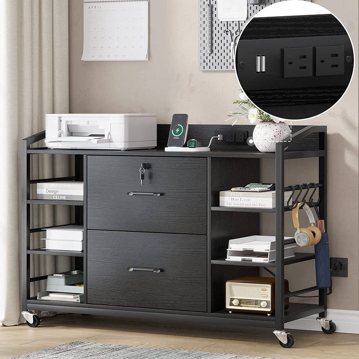 Mobile Printer Stand with Bookcase and File Cabinet in Black