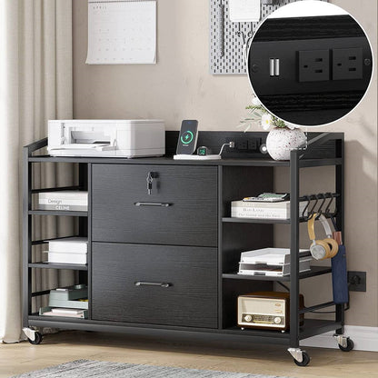 Mobile Printer Stand with Bookcase and File Cabinet in Black