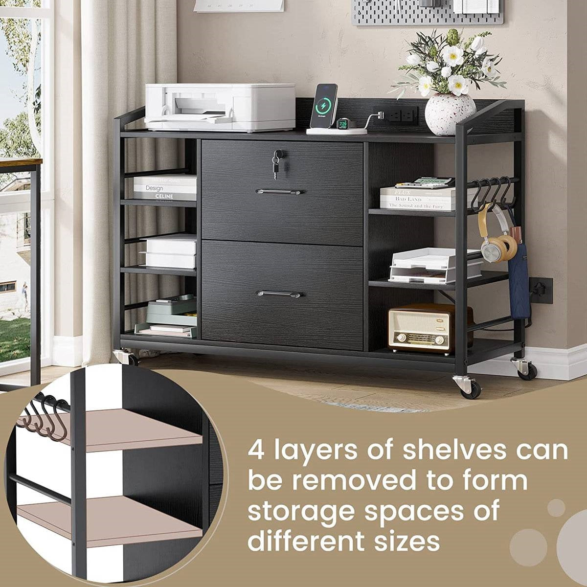 Mobile Printer Stand with Bookcase and File Cabinet in Black
