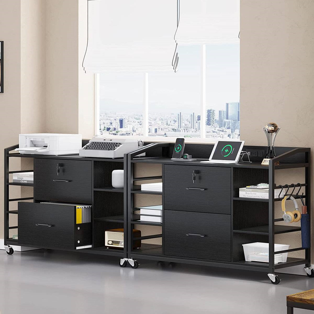Mobile Printer Stand with Bookcase and File Cabinet in Black