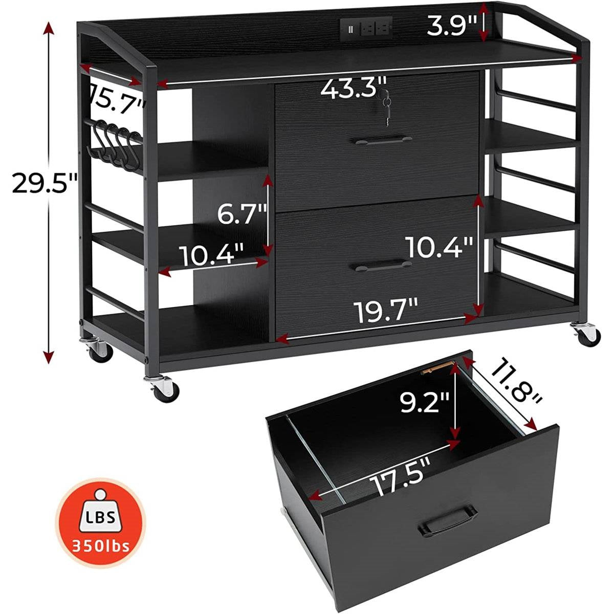 Mobile Printer Stand with Bookcase and File Cabinet in Black