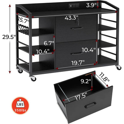 Mobile Printer Stand with Bookcase and File Cabinet in Black