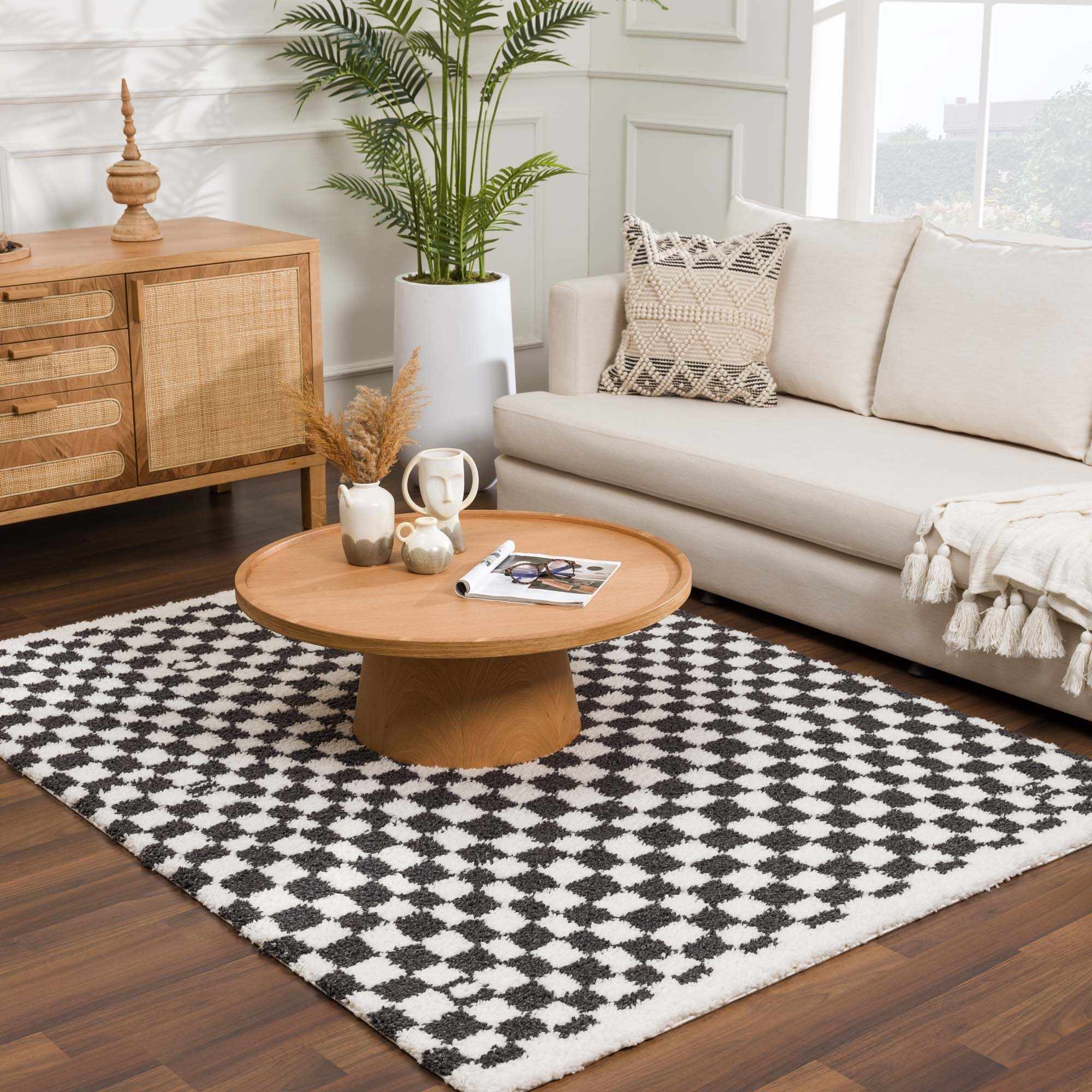 Kieu Black &amp; White Checkered Shag Rug