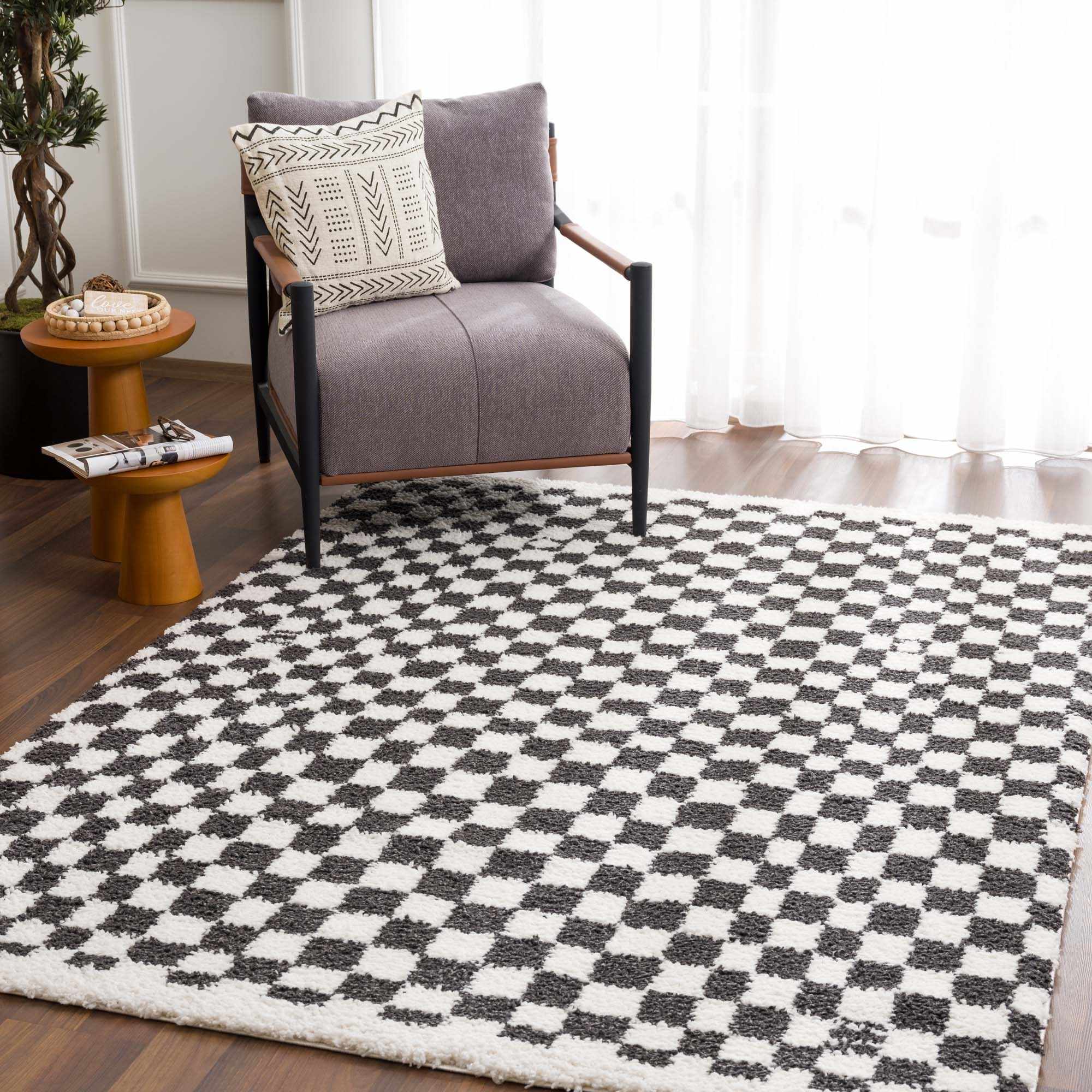 Kieu Black &amp; White Checkered Shag Rug
